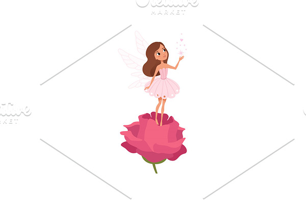 Cartoon fairy girl standing on rose