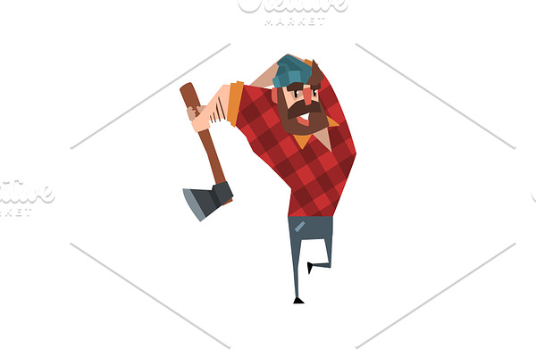 Strong woodcutter swinging an ax