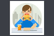 Happy Man Eating Hamburger Sandwich