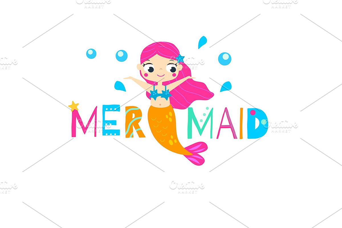 Cartoon mermaid and typgraphy design in Illustrations - product preview 8