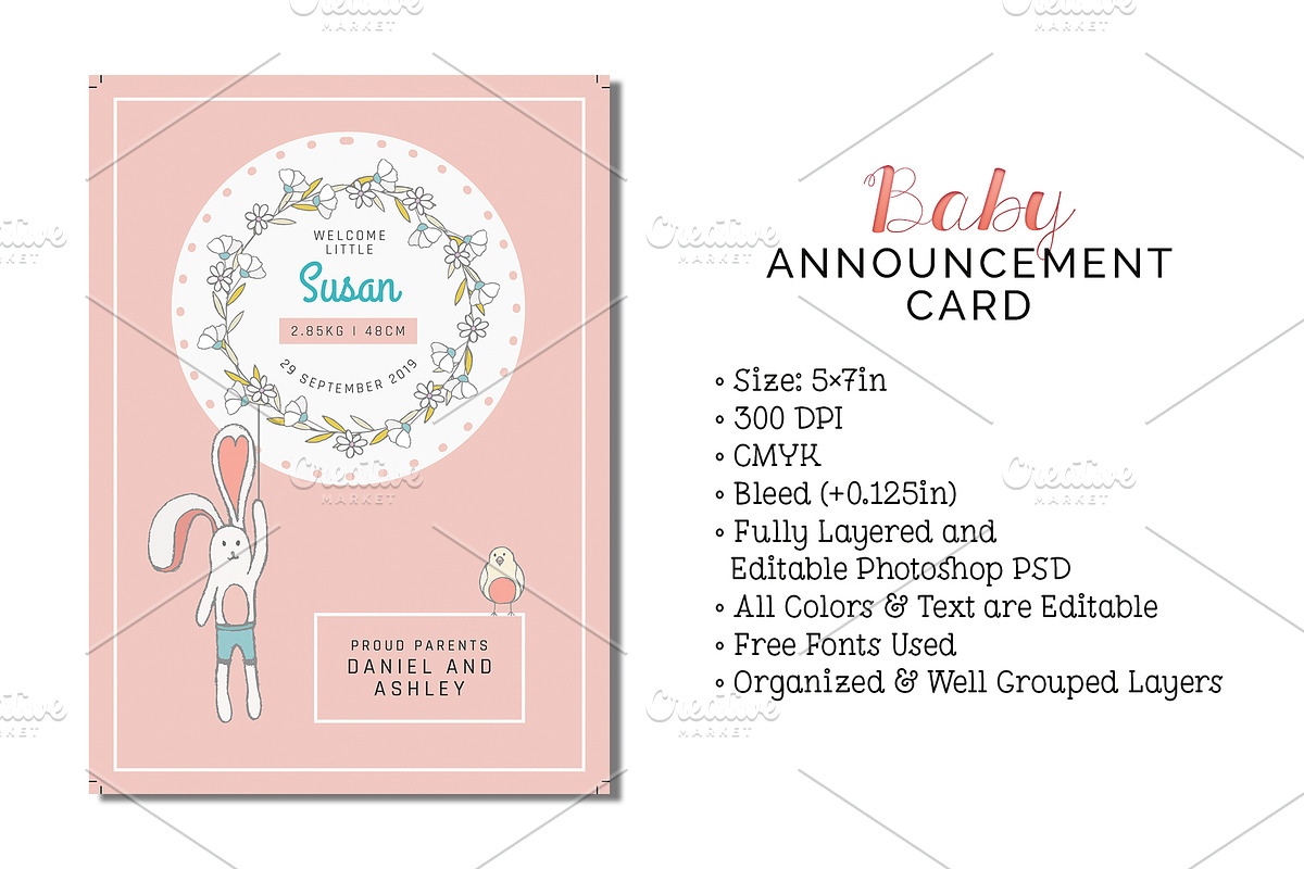 Baby Announcement Card in Postcard Templates - product preview 8