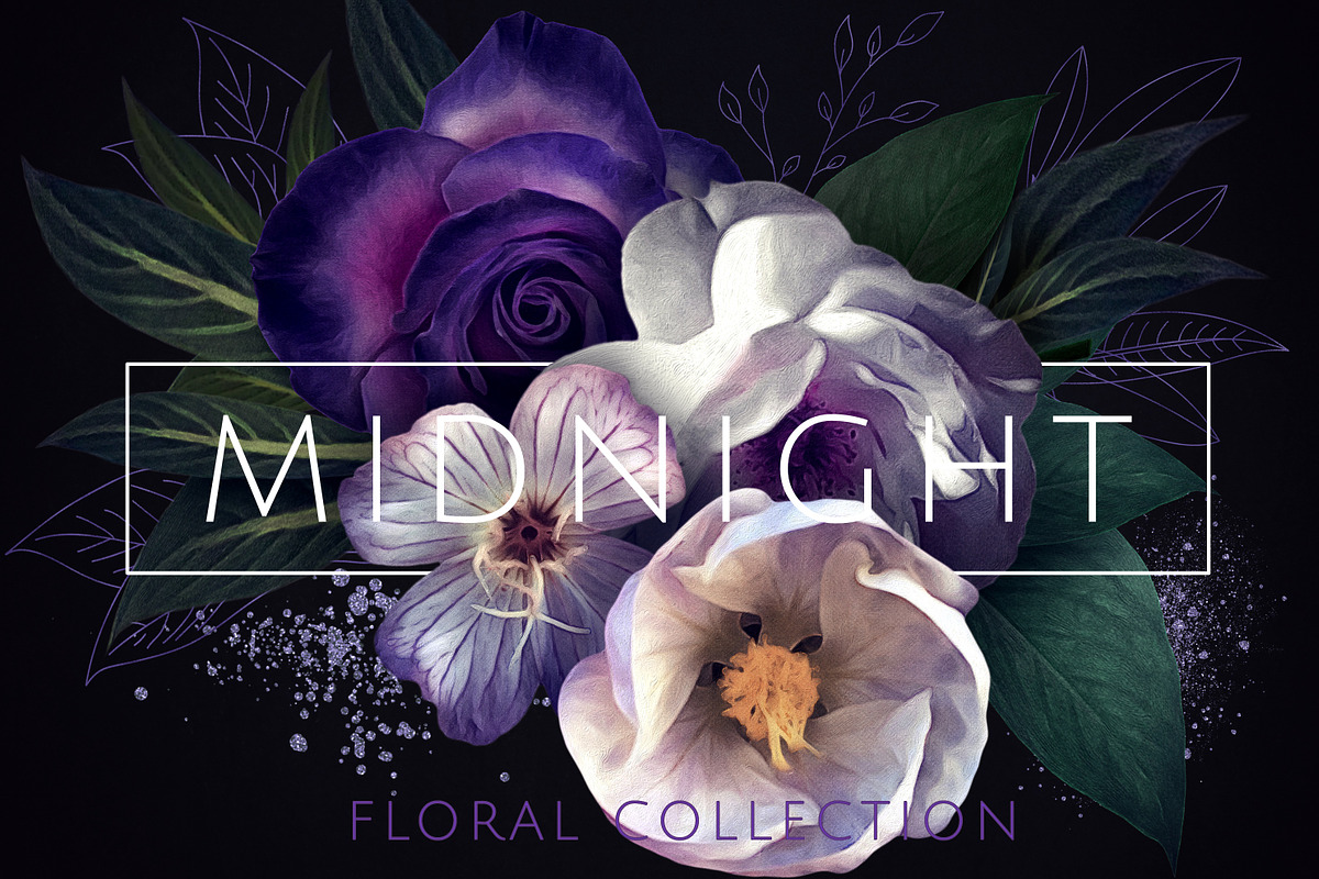 Moody Midnight Floral Clipart in Illustrations - product preview 8