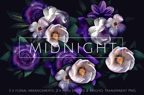 Moody Midnight Floral Clipart in Illustrations - product preview 4