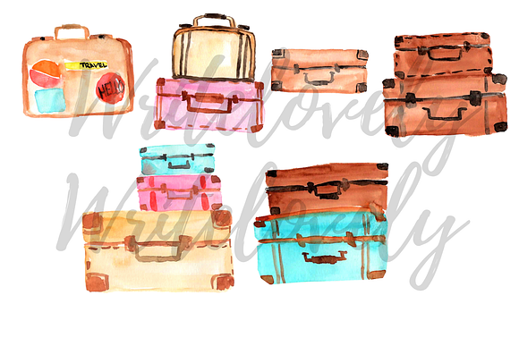 Watercolor Suitcase Travel Clipart in Illustrations - product preview 1