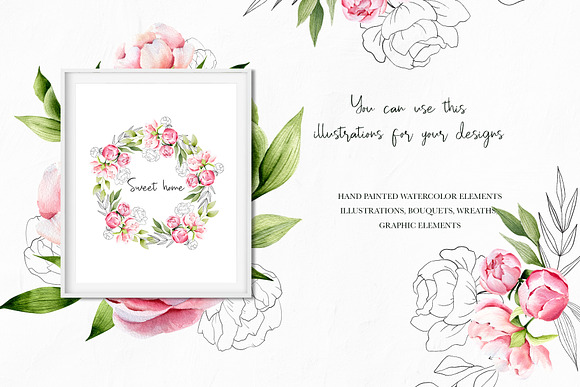 Delicate Peony watercolor collection in Illustrations - product preview 1