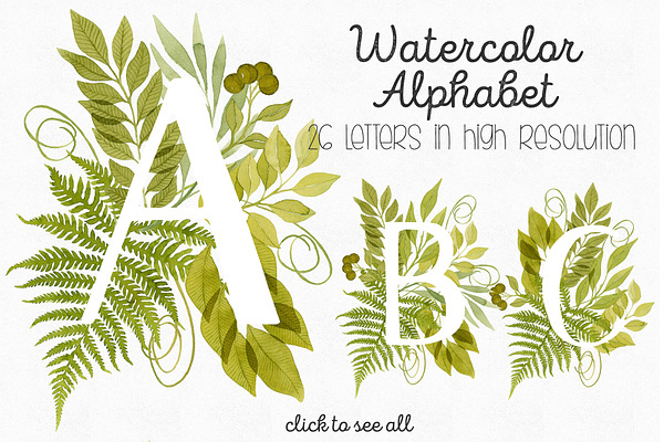 Watercolor Leaves and Fern ABC