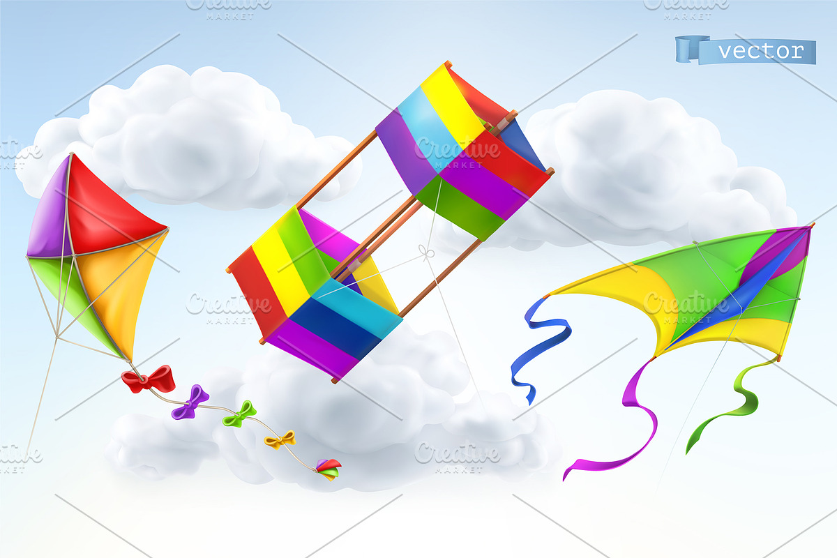 Kites, clouds. Sky toys, game, icons in Illustrations - product preview 8