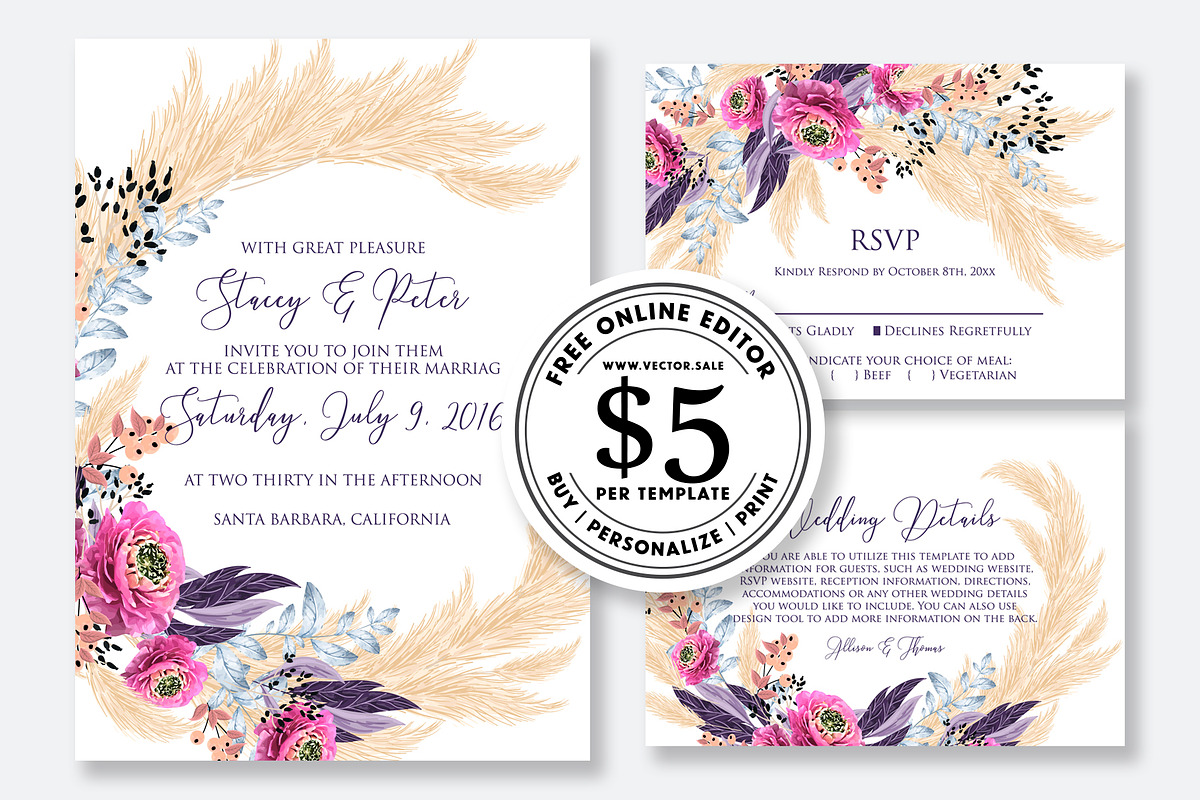 Wedding Invitation pampas grass in Wedding Templates - product preview 8