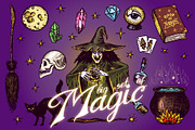 Magic ball. Witch with book of spell