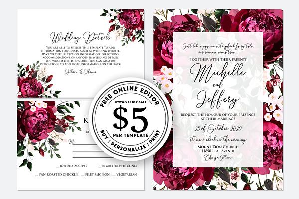 Wedding invite marsala peony rose