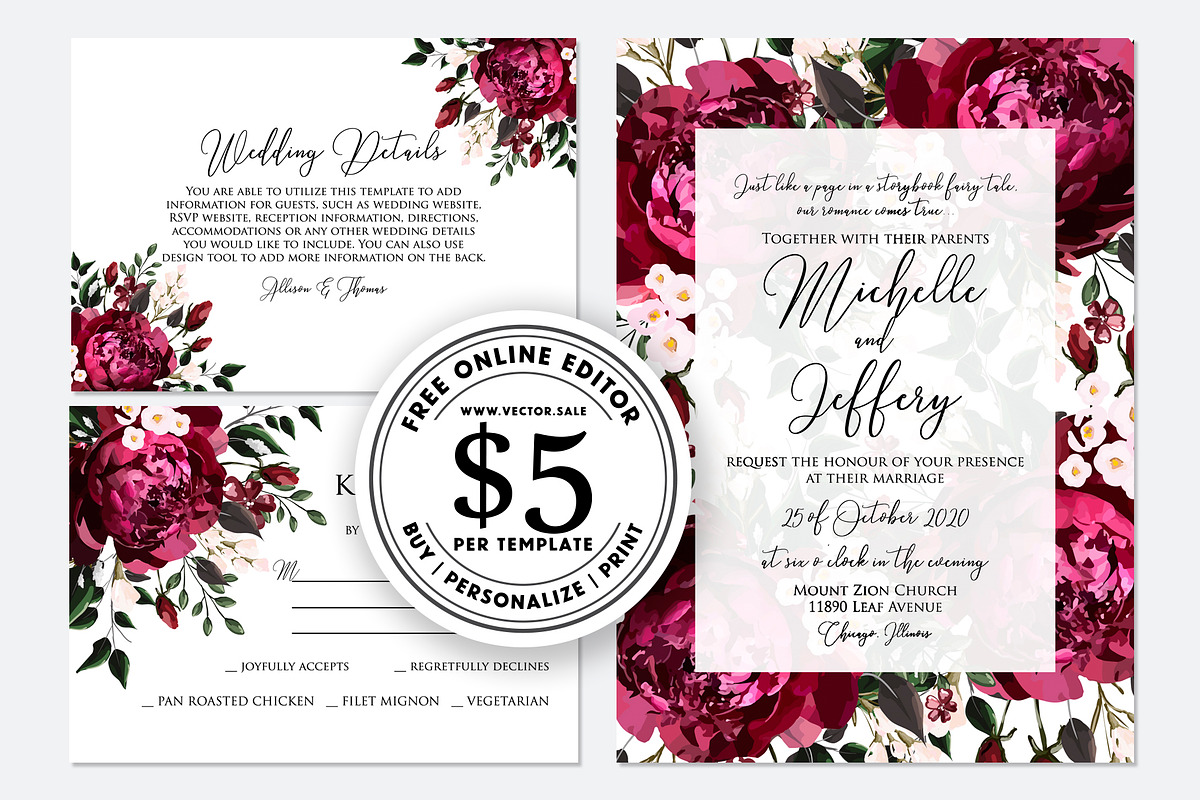Wedding invite marsala peony rose in Wedding Templates - product preview 8