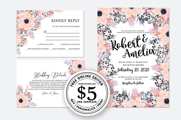 Wedding invitation set blush anemone