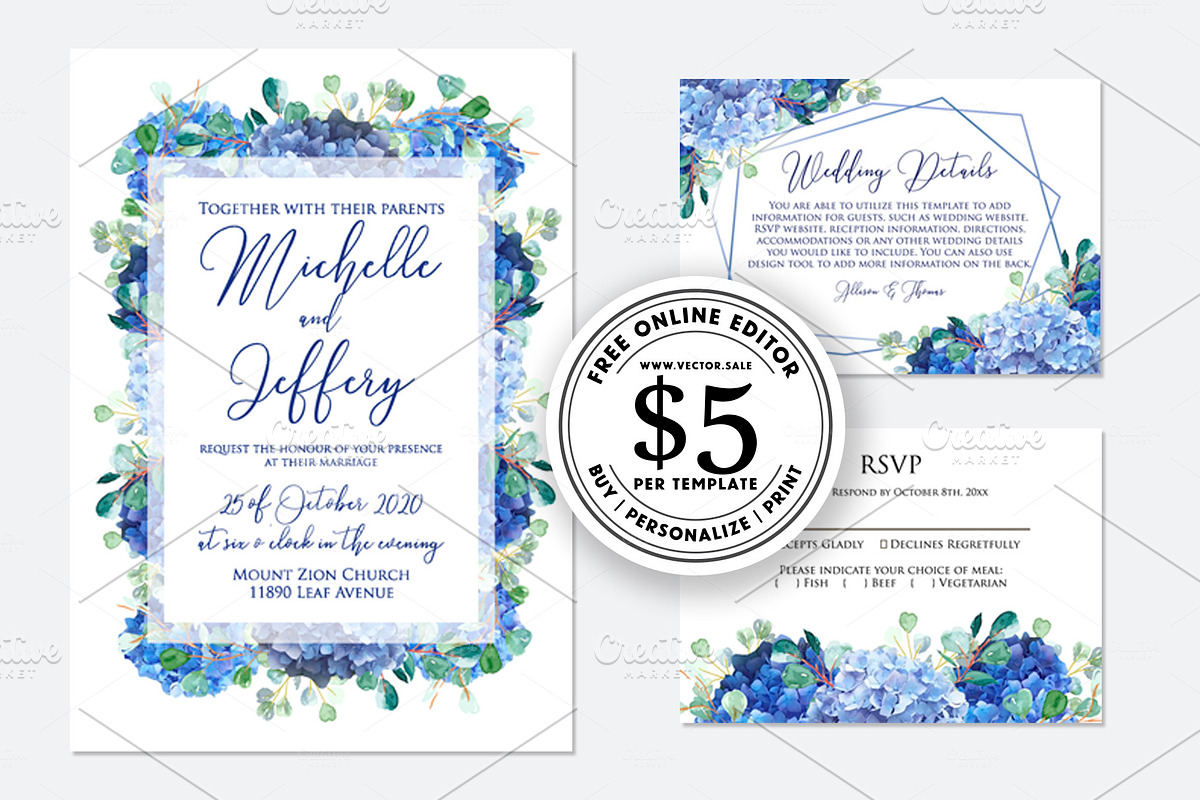 Wedding invitation blue hydrangea in Wedding Templates - product preview 8