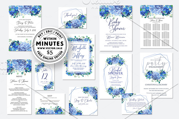 Wedding invitation blue hydrangea in Wedding Templates - product preview 1