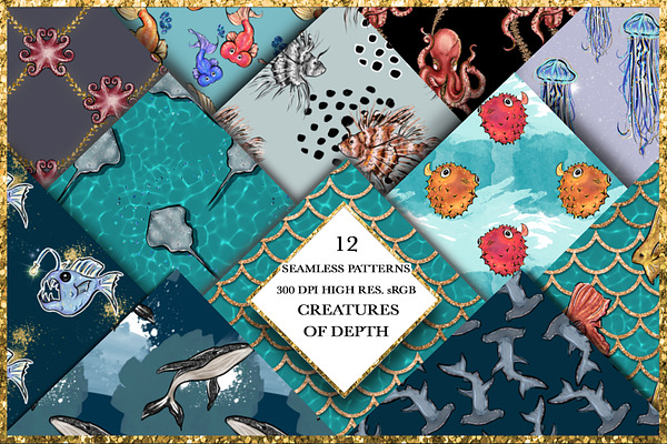 12 Ocean Creature Seamless patterns