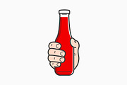 Hand hold ketchup bottle.