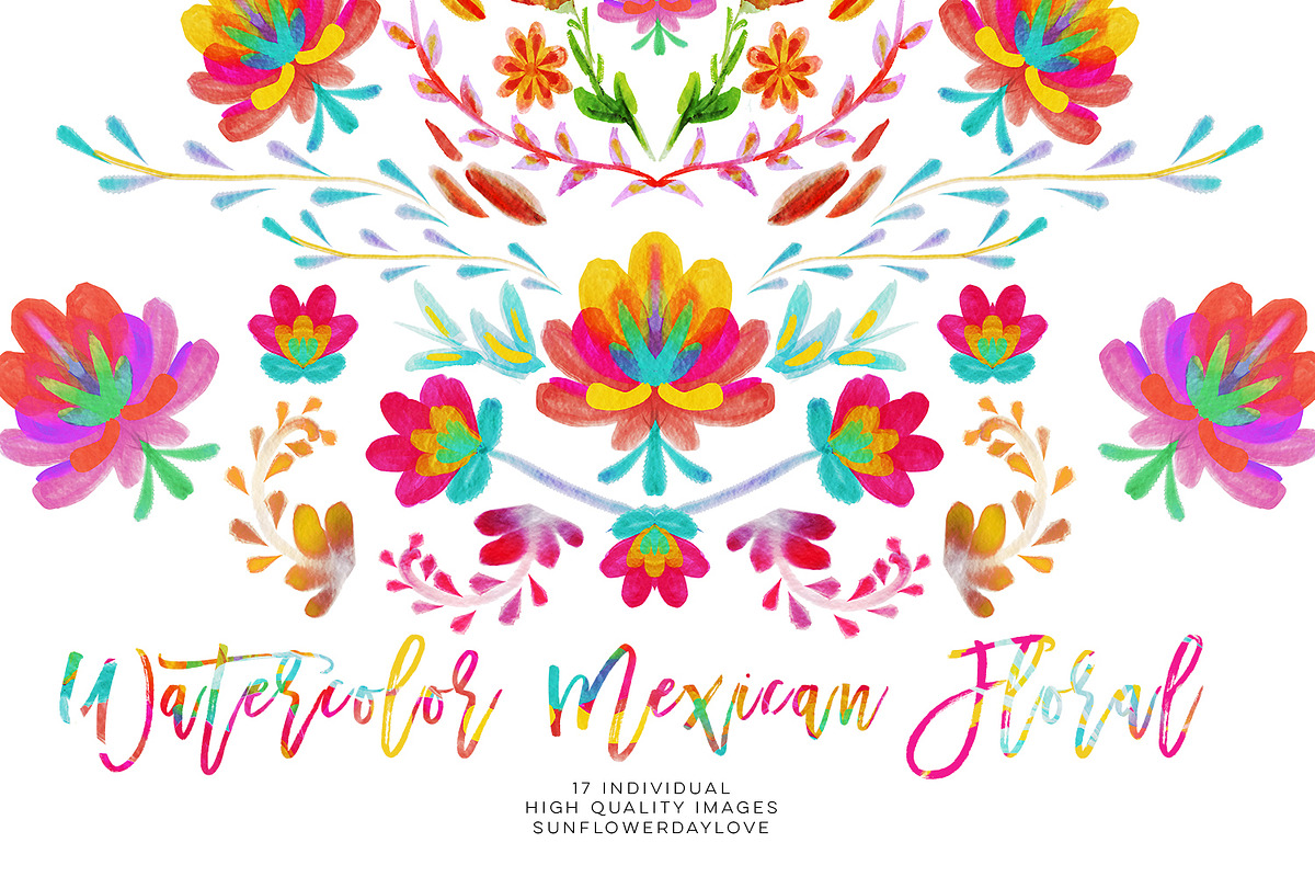 Watercolor mexican floral clipart in Illustrations - product preview 8