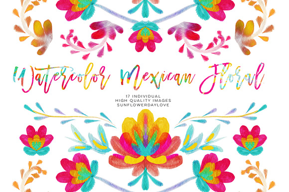 Watercolor mexican floral clipart in Illustrations - product preview 1