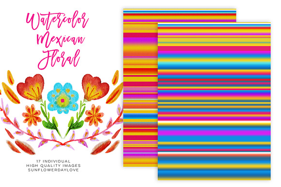 Watercolor mexican floral clipart in Illustrations - product preview 3