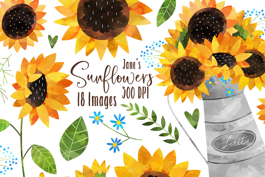 Watercolor Sunflower Clipart in Illustrations - product preview 8