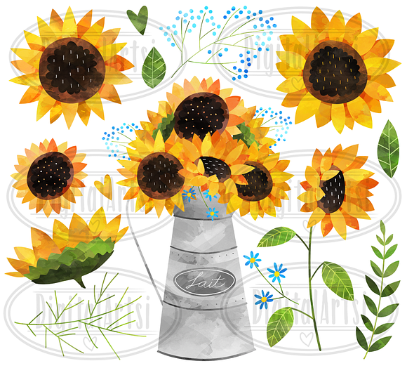 Watercolor Sunflower Clipart in Illustrations - product preview 1