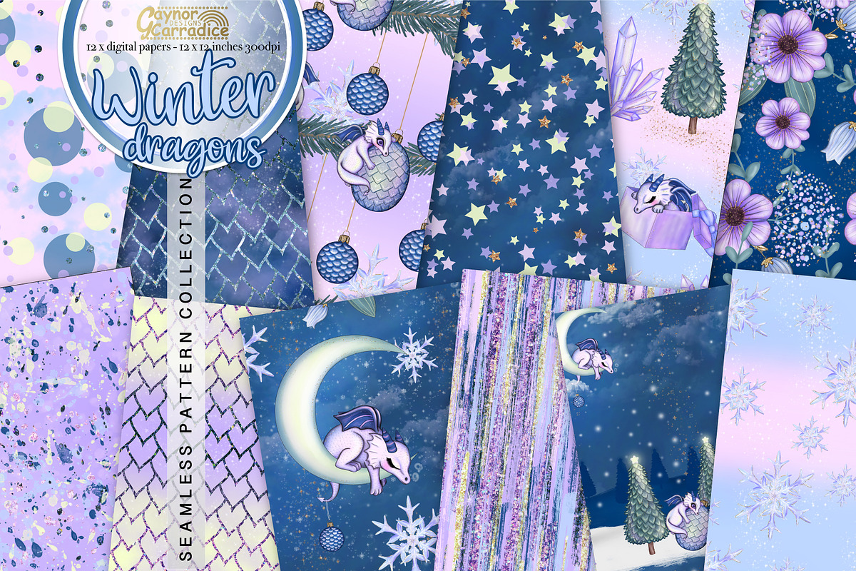 Winter dragons seamless patterns in Patterns - product preview 8