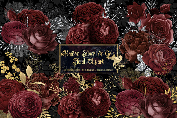 Maroon Silver & Gold Floral Clipart