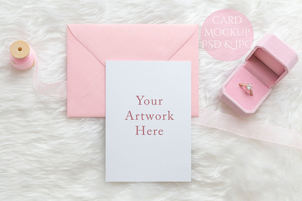 Mockup of 5" x 7" card-pink envelope