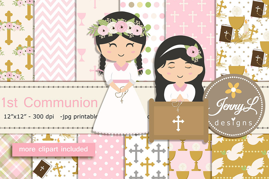 1st Communion Girl Digital Papers in Patterns - product preview 8