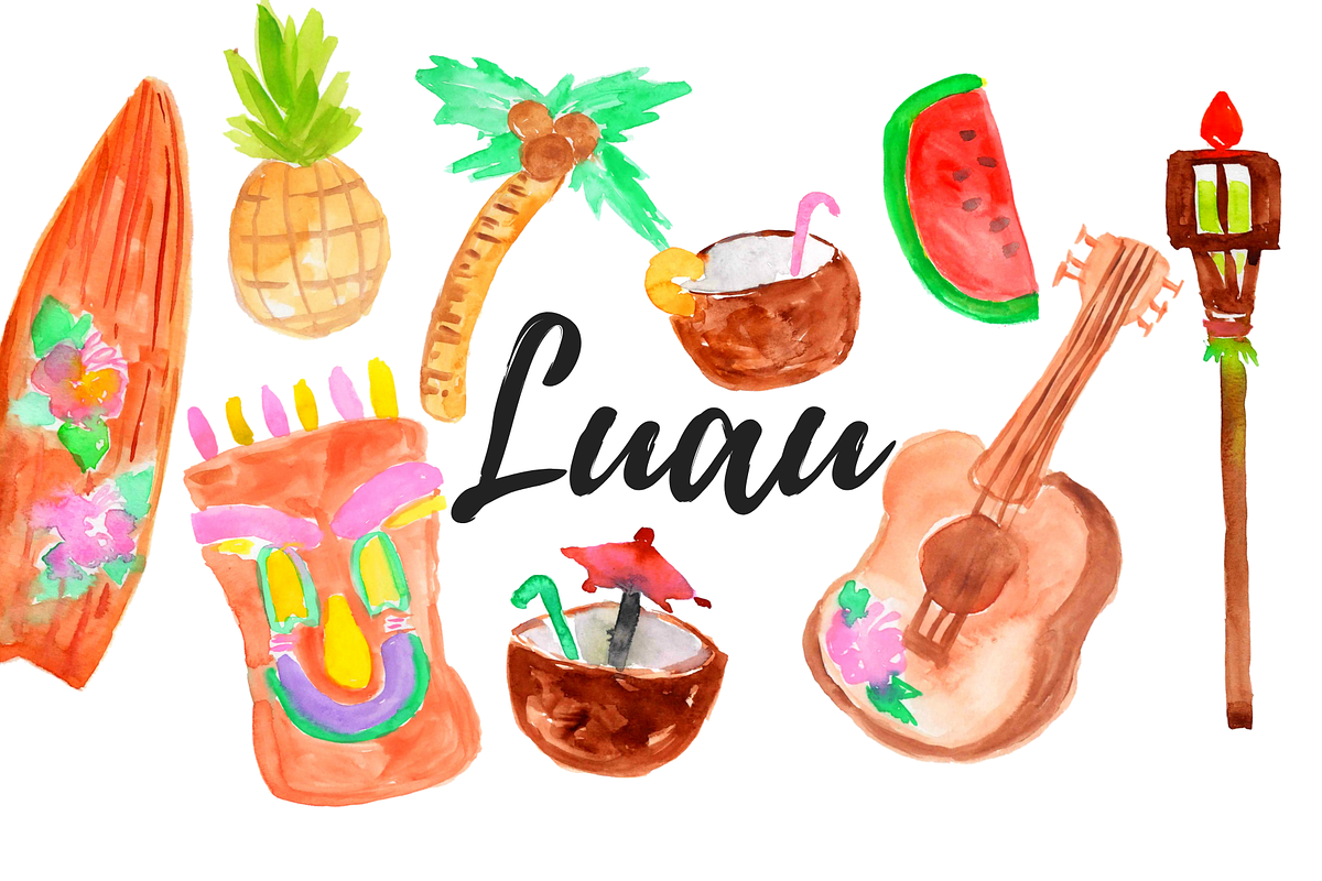 Watercolor Tropical luau clipart in Illustrations - product preview 8