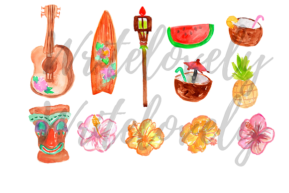Watercolor Tropical luau clipart in Illustrations - product preview 1