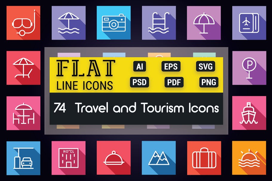 Travel and Tourism Flat Line Icons