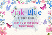PINK AND BLUE WATERCOLOR FLOWERS