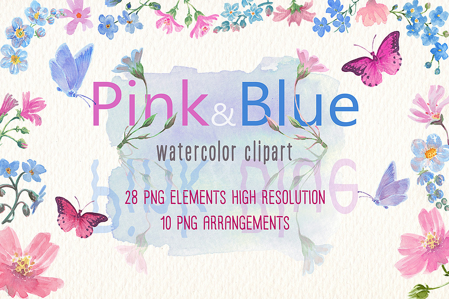 PINK AND BLUE WATERCOLOR FLOWERS in Illustrations - product preview 8