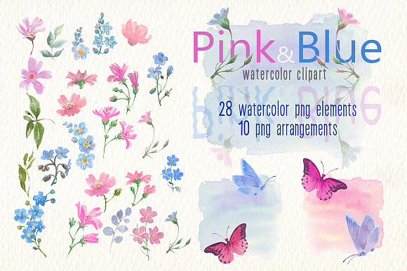 PINK AND BLUE WATERCOLOR FLOWERS in Illustrations - product preview 1