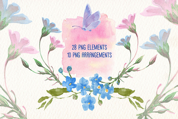 PINK AND BLUE WATERCOLOR FLOWERS in Illustrations - product preview 2