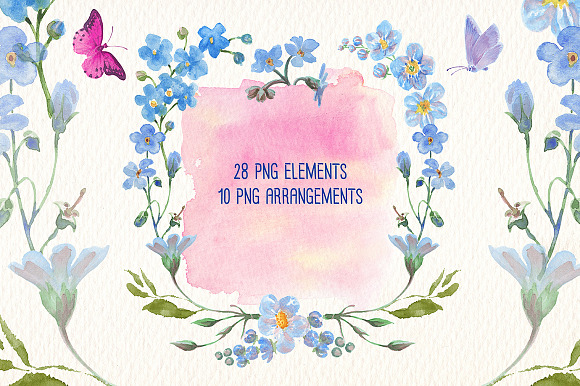 PINK AND BLUE WATERCOLOR FLOWERS in Illustrations - product preview 3