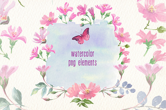 PINK AND BLUE WATERCOLOR FLOWERS in Illustrations - product preview 4