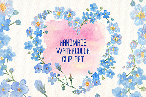 PINK AND BLUE WATERCOLOR FLOWERS in Illustrations - product preview 5