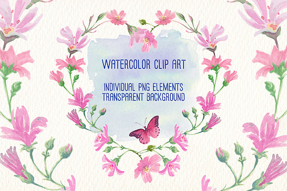 PINK AND BLUE WATERCOLOR FLOWERS in Illustrations - product preview 6