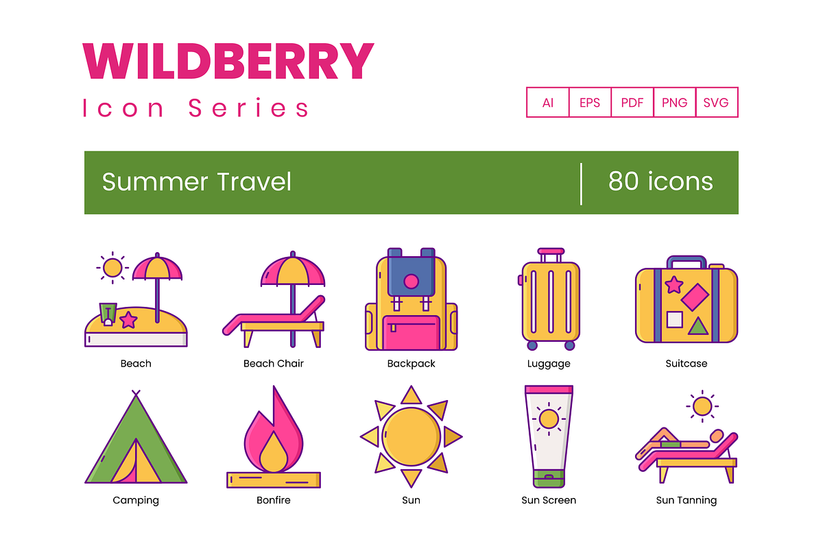 80 Summer Travel Icons | Wildberry in Icons - product preview 8