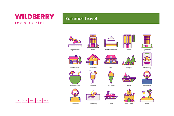 80 Summer Travel Icons | Wildberry in Icons - product preview 1