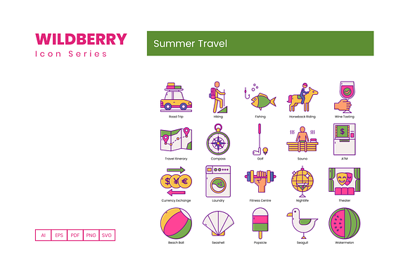 80 Summer Travel Icons | Wildberry in Icons - product preview 2