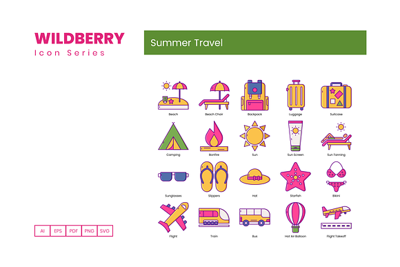 80 Summer Travel Icons | Wildberry in Icons - product preview 3