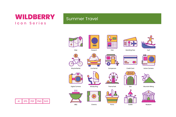 80 Summer Travel Icons | Wildberry in Icons - product preview 4