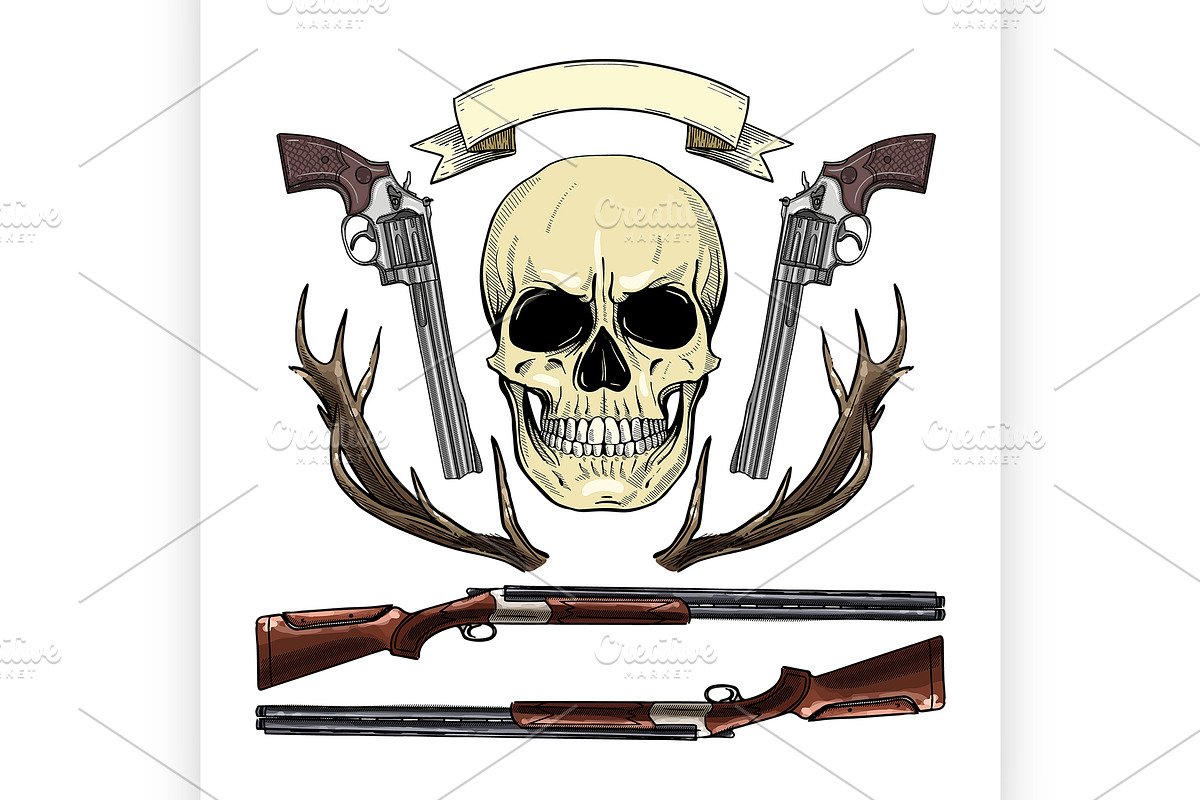 Hand drawn hunter skull in Illustrations - product preview 8