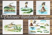Volcanic landscape. Watercolor set
