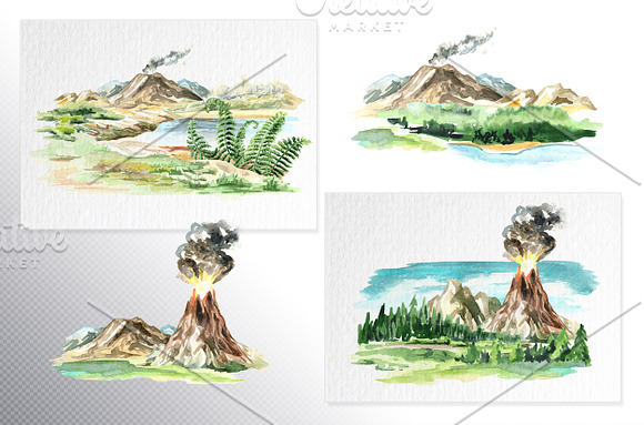 Volcanic landscape. Watercolor set in Illustrations - product preview 1
