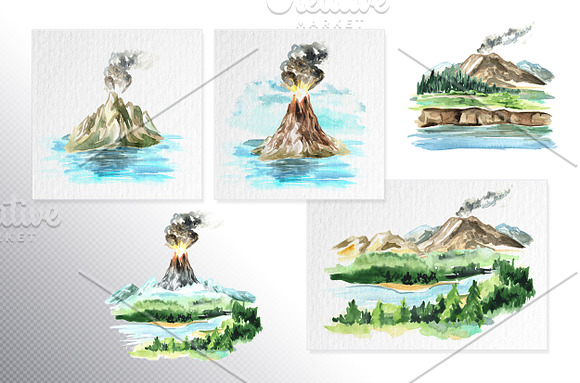 Volcanic landscape. Watercolor set in Illustrations - product preview 2