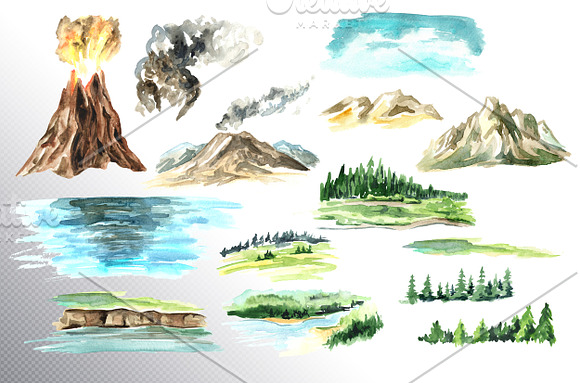 Volcanic landscape. Watercolor set in Illustrations - product preview 3
